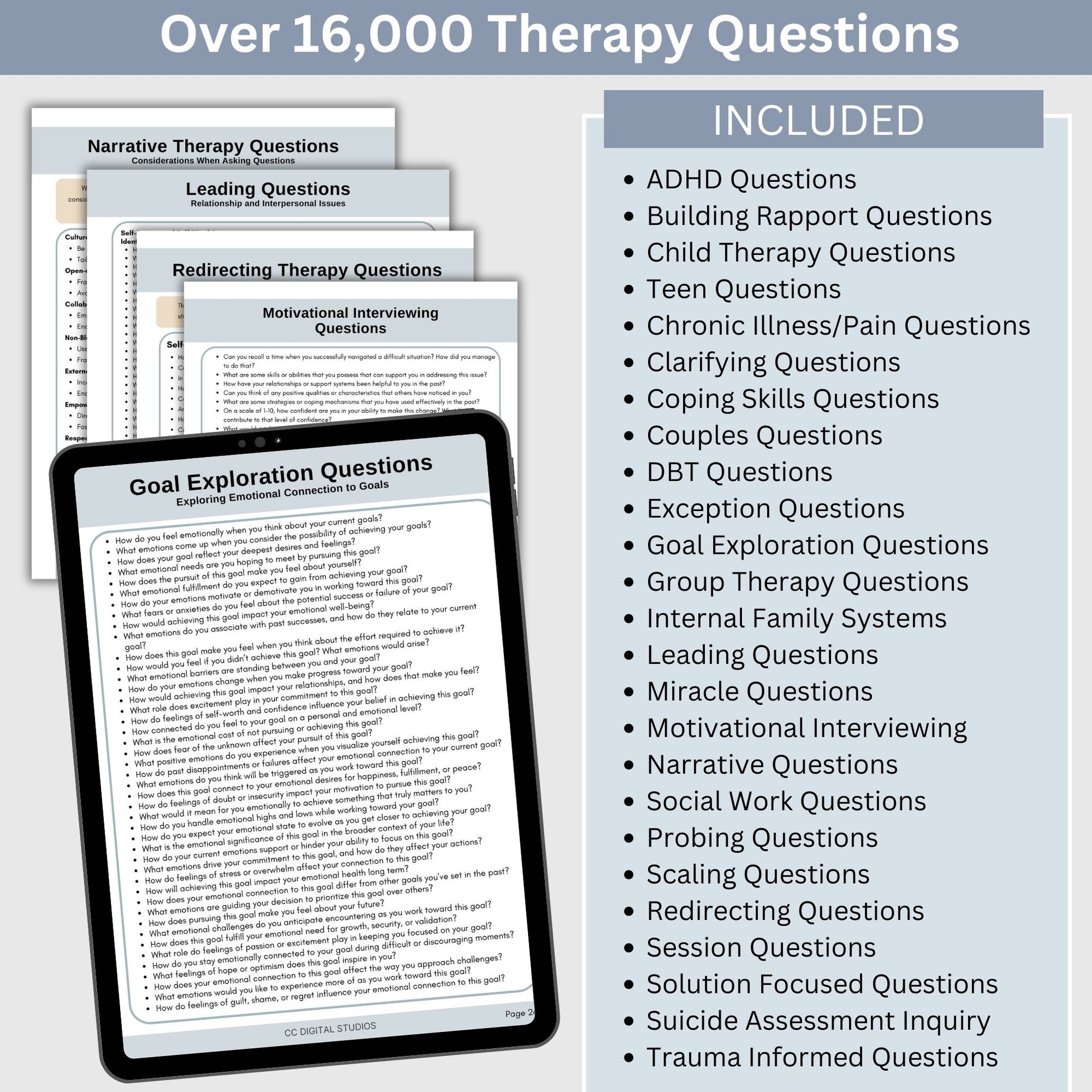 Therapy Questions Bundle with over 16,000+ therapy cheat sheet questions designed to enhance your counseling sessions! This comprehensive resource includes a vast collection of therapy questions, social worker, mental health, therapy notes