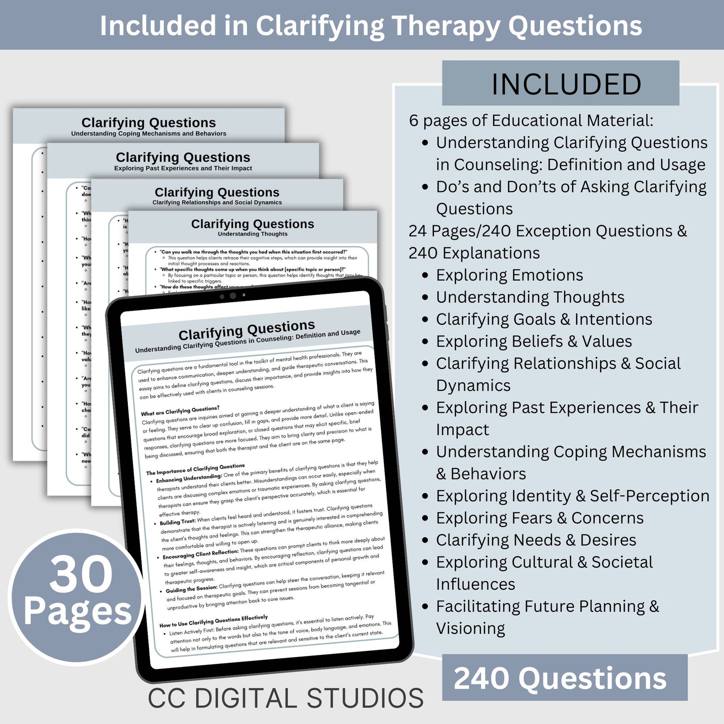  7,205 therapy questions across 300+ pages. SAVE 25% with Bundle. This essential resource for mental health professionals includes leading questions, exception questions, miracle questions, scaling questions, clarifying questions, probing questions, coping skills questions, and goal exploration questions. 