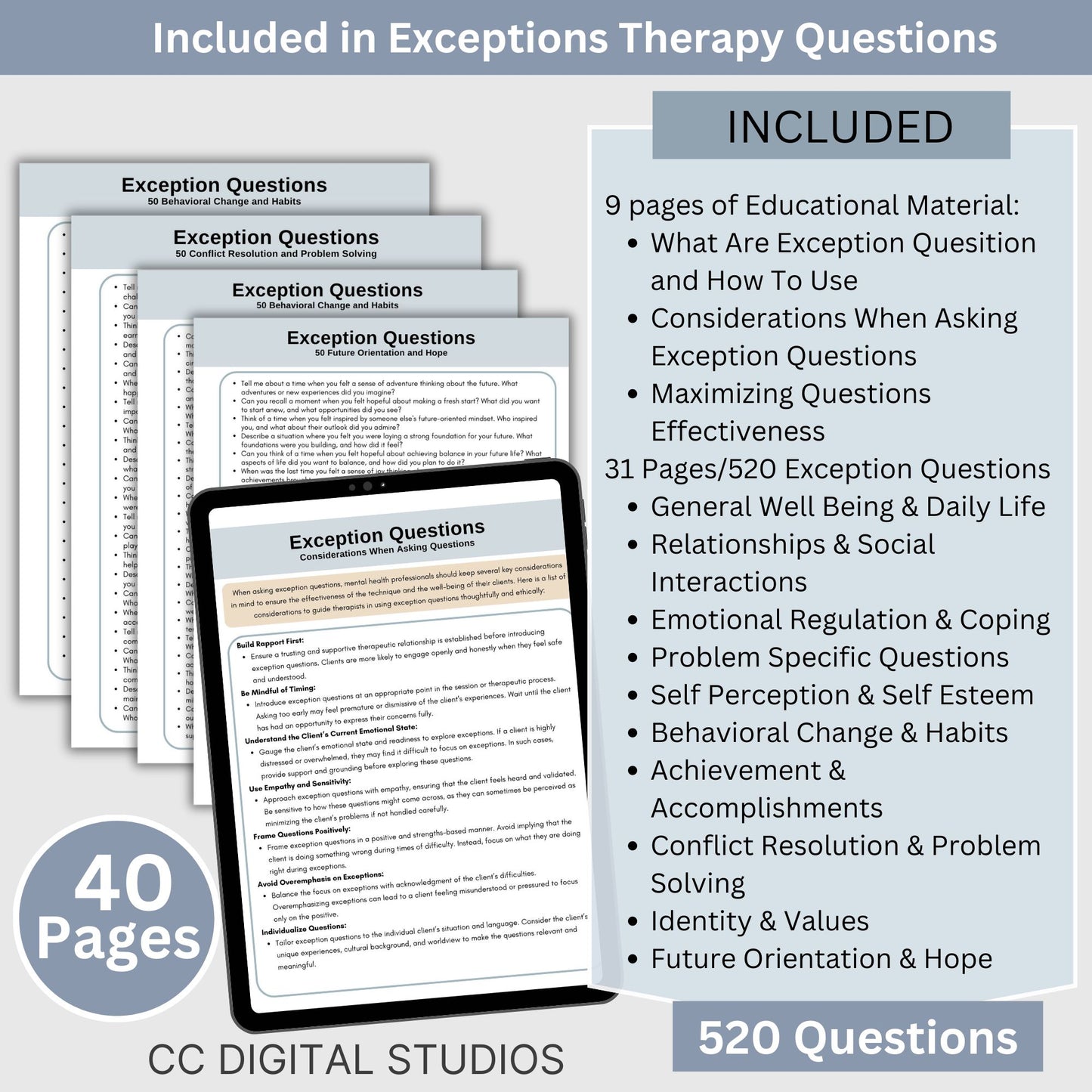  7,205 therapy questions across 300+ pages. SAVE 25% with Bundle. This essential resource for mental health professionals includes leading questions, exception questions, miracle questions, scaling questions, clarifying questions, probing questions, coping skills questions, and goal exploration questions. 