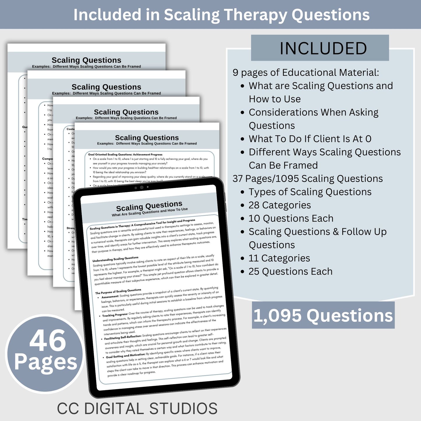  7,205 therapy questions across 300+ pages. SAVE 25% with Bundle. This essential resource for mental health professionals includes leading questions, exception questions, miracle questions, scaling questions, clarifying questions, probing questions, coping skills questions, and goal exploration questions. 