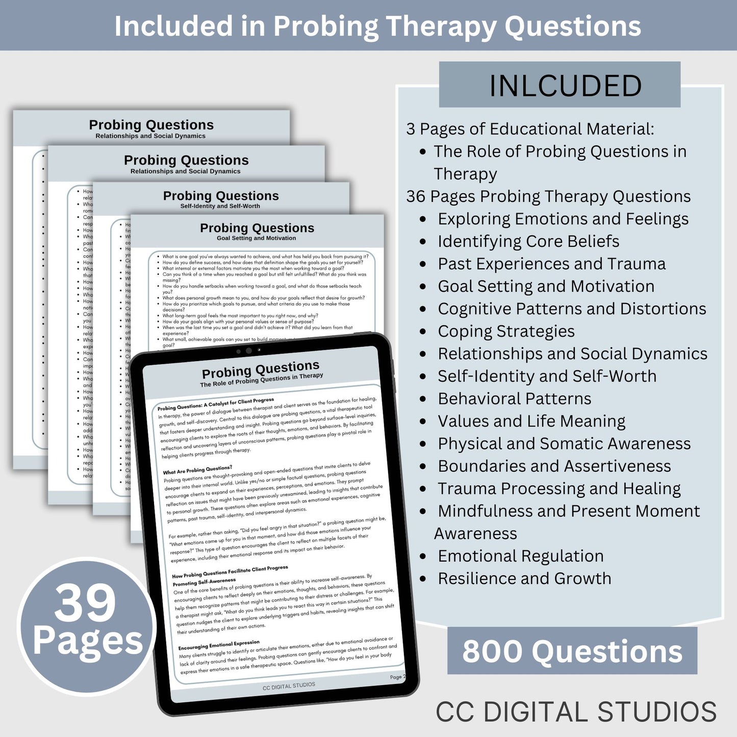  7,205 therapy questions across 300+ pages. SAVE 25% with Bundle. This essential resource for mental health professionals includes leading questions, exception questions, miracle questions, scaling questions, clarifying questions, probing questions, coping skills questions, and goal exploration questions. 