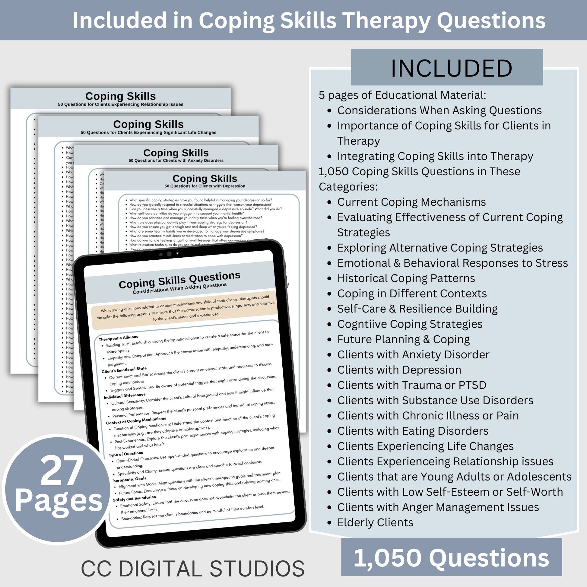  7,205 therapy questions across 300+ pages. SAVE 25% with Bundle. This essential resource for mental health professionals includes leading questions, exception questions, miracle questions, scaling questions, clarifying questions, probing questions, coping skills questions, and goal exploration questions. 