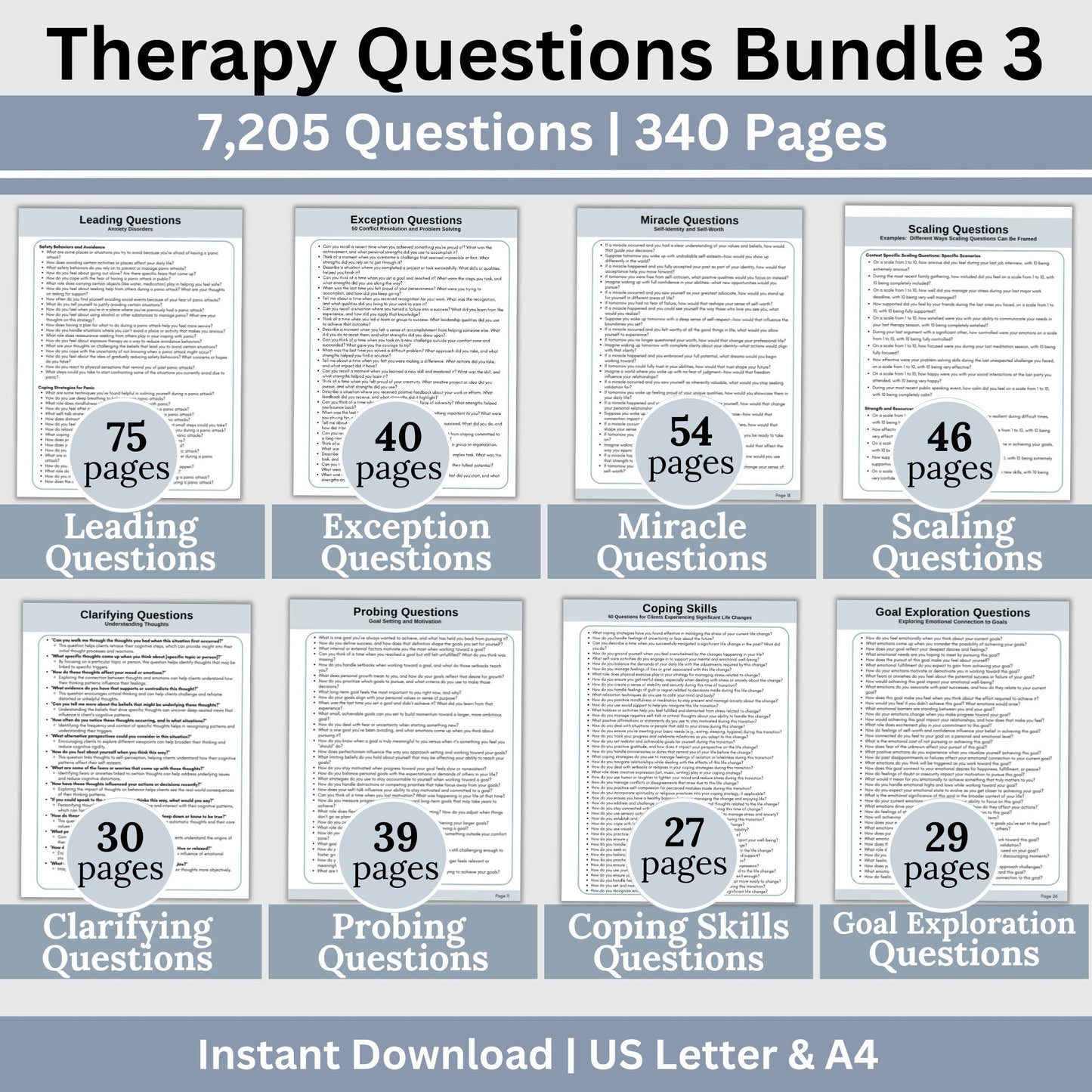  7,205 therapy questions across 300+ pages. SAVE 25% with Bundle. This essential resource for mental health professionals includes leading questions, exception questions, miracle questions, scaling questions, clarifying questions, probing questions, coping skills questions, and goal exploration questions. 