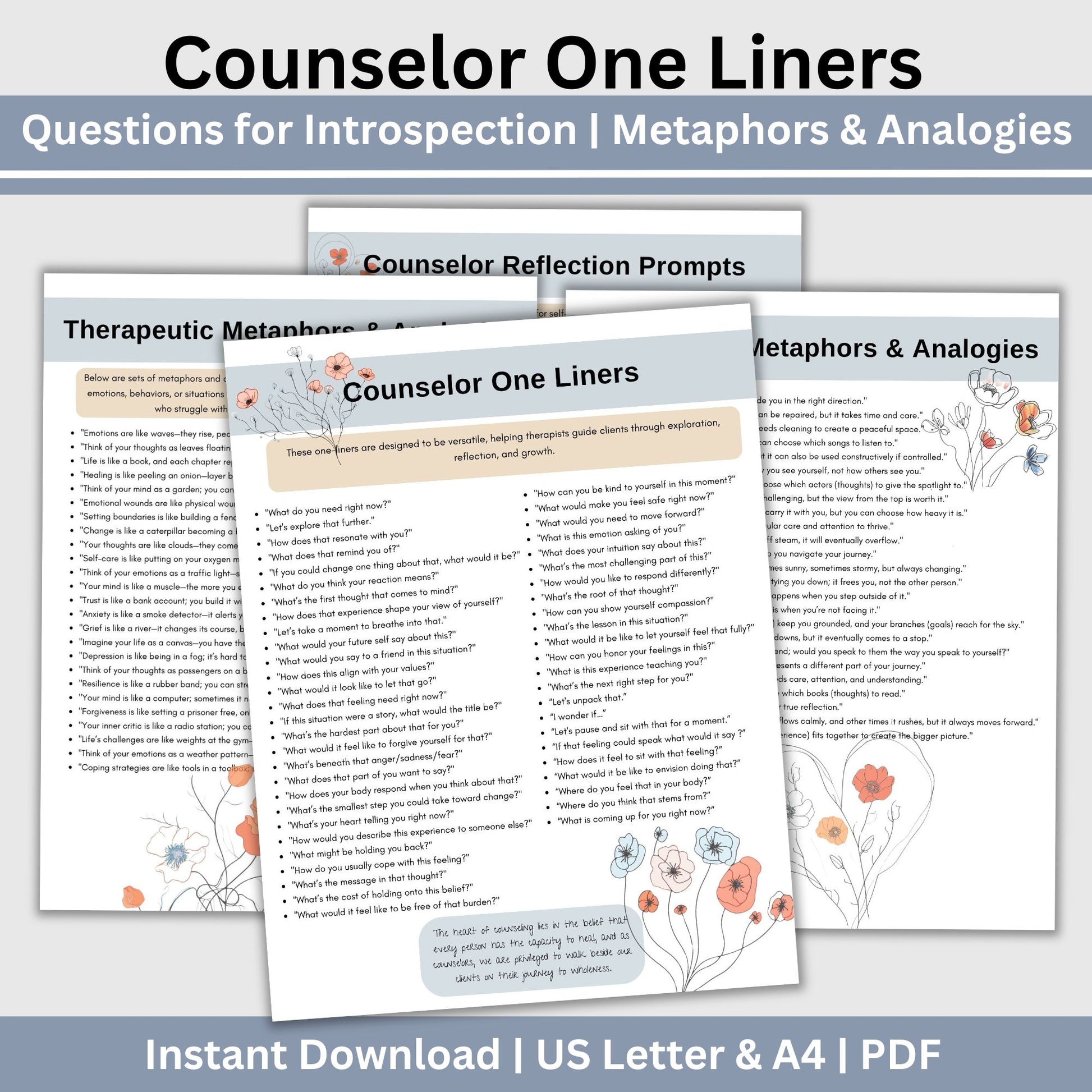 Therapist One-Liners, Reflection Prompts, and Metaphors cheat sheet.Therapist One Liners Mental Health Cheat Sheets, Counseling Tools, Reflection Prompts, Therapy Prompts, Therapy Phrases, Therapy Questions