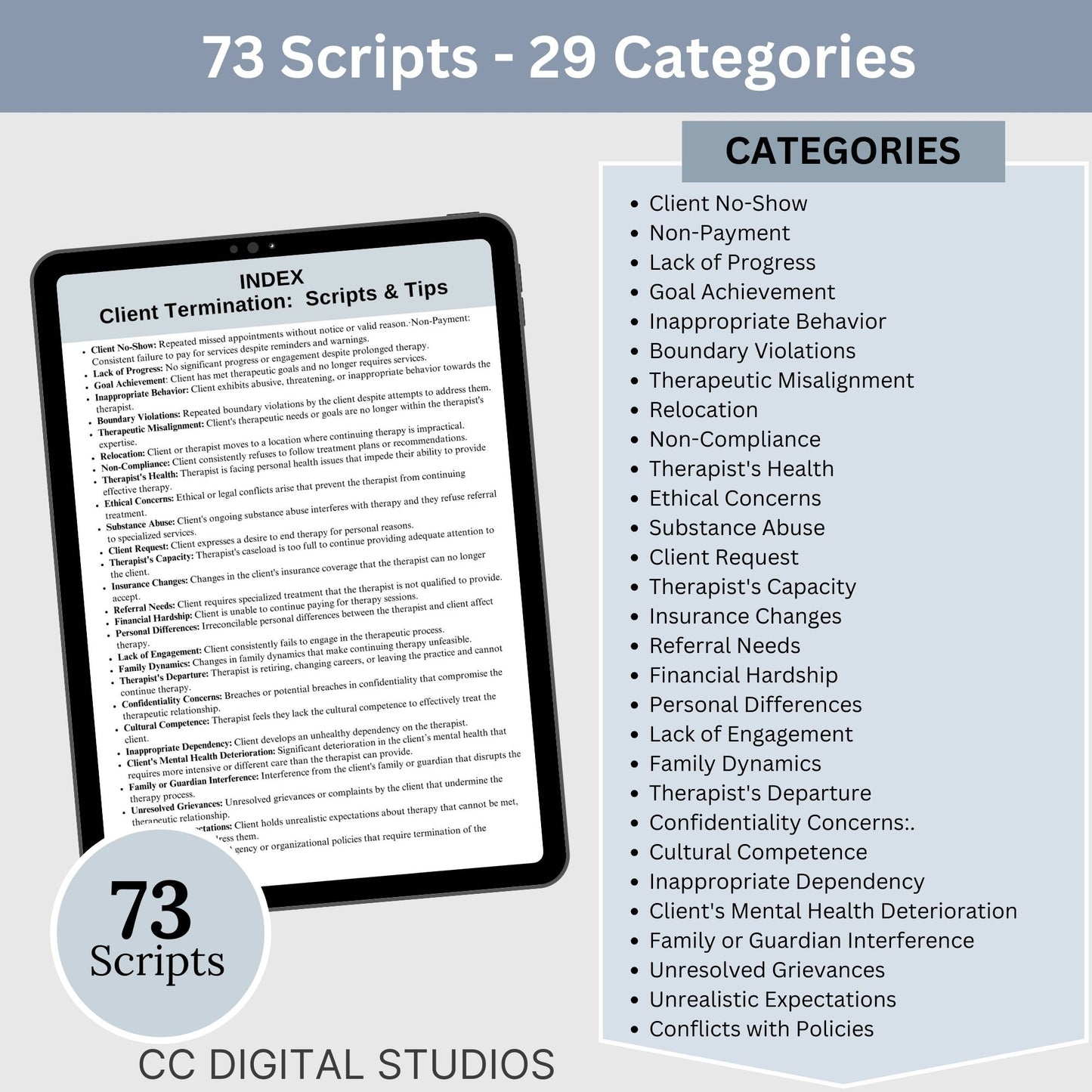 Therapy Scripts for Client Termination, 73 Therapy Cheat Sheets, Therapist Planner for Private Practice, Therapy Tools, Psychology Resource. includes 73 therapy scripts, 50 tips, and spans 60 pages