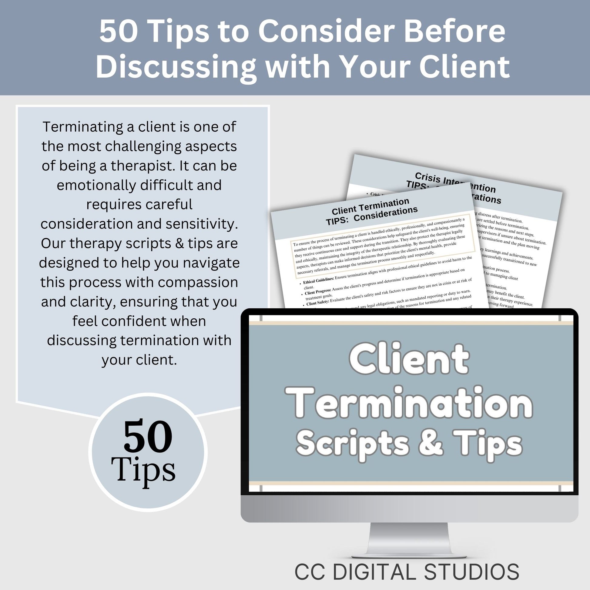Therapy Scripts for Client Termination, 73 Therapy Cheat Sheets, Therapist Planner for Private Practice, Therapy Tools, Psychology Resource. includes 73 therapy scripts, 50 tips, and spans 60 pages