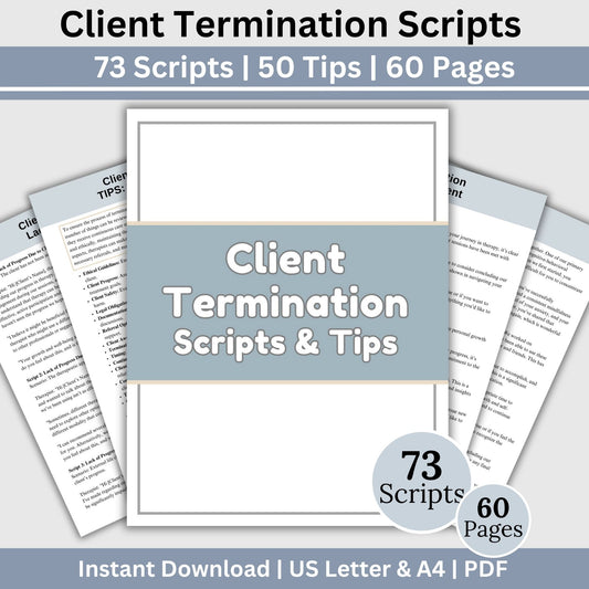 Therapy Scripts for Client Termination, 73 Therapy Cheat Sheets, Therapist Planner for Private Practice, Therapy Tools, Psychology Resource. includes 73 therapy scripts, 50 tips, and spans 60 pages