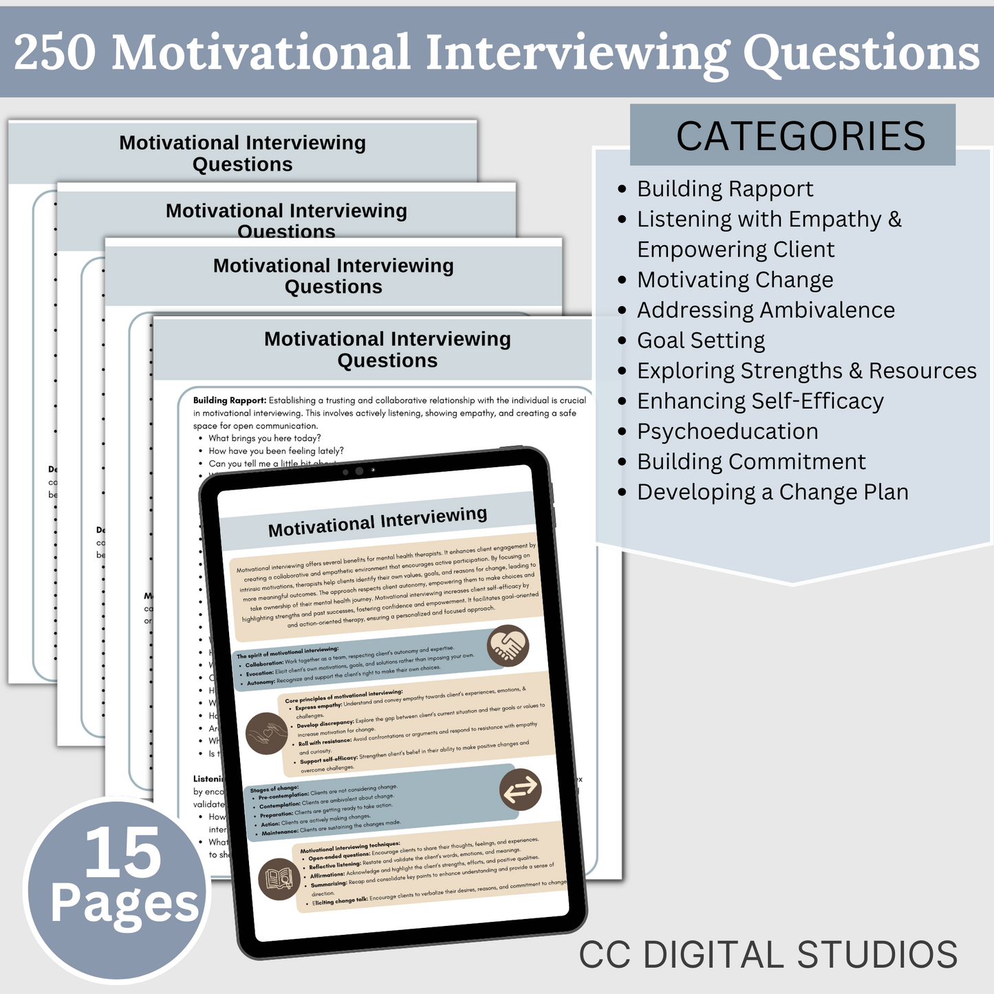 2,750 curated therapy questions across teen therapy, suicide inquiry, redirecting, motivational interviewing, couples therapy, rapport-building, and group therapy. SAVE 25% with this bundle