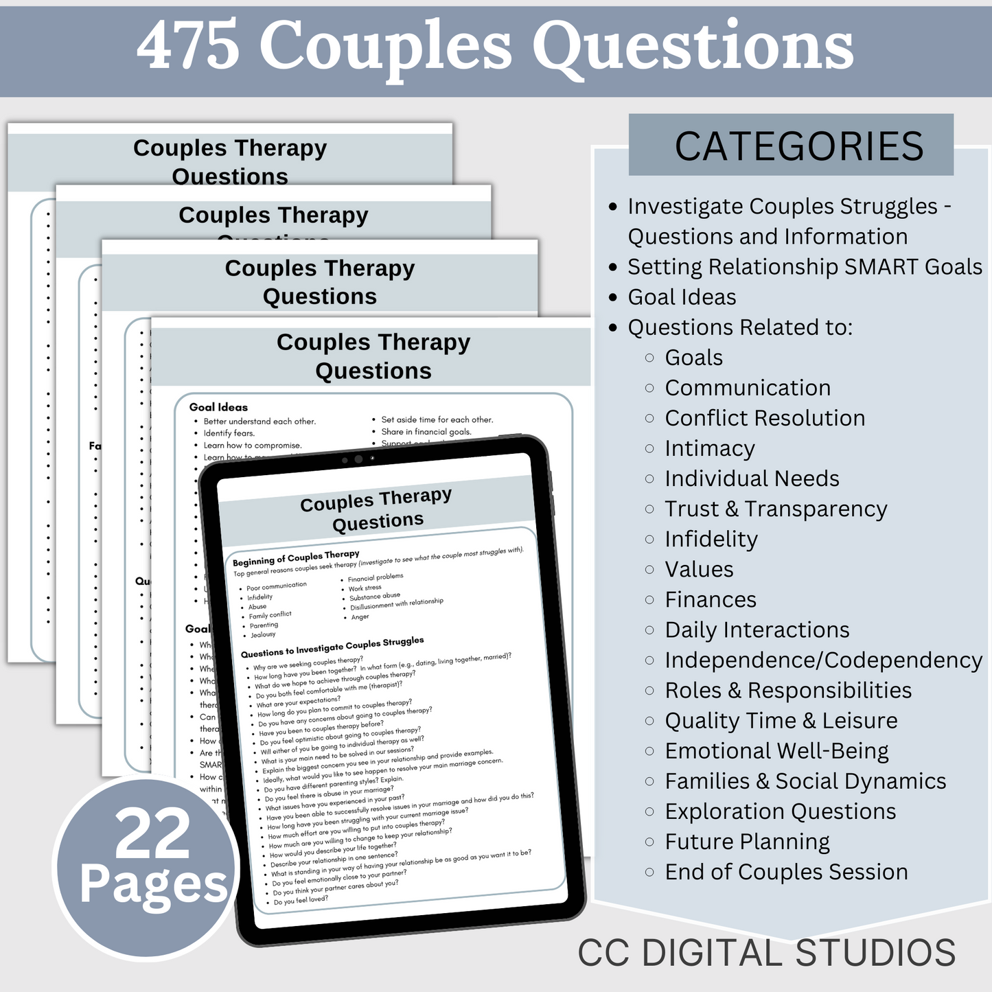 2,750 curated therapy questions across teen therapy, suicide inquiry, redirecting, motivational interviewing, couples therapy, rapport-building, and group therapy. SAVE 25% with this bundle