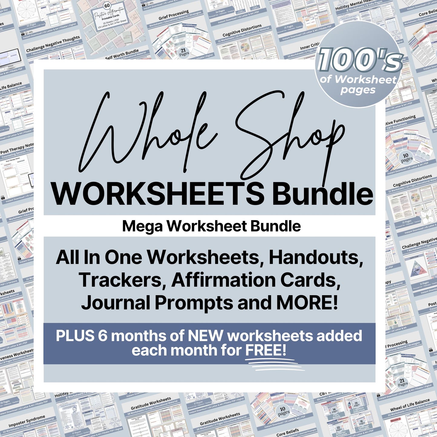 Therapy Worksheet Bundle – CBT, DBT, Anxiety, Emotion Processing & More | 6-Month Subscription to New Monthly Resources for Mental Health