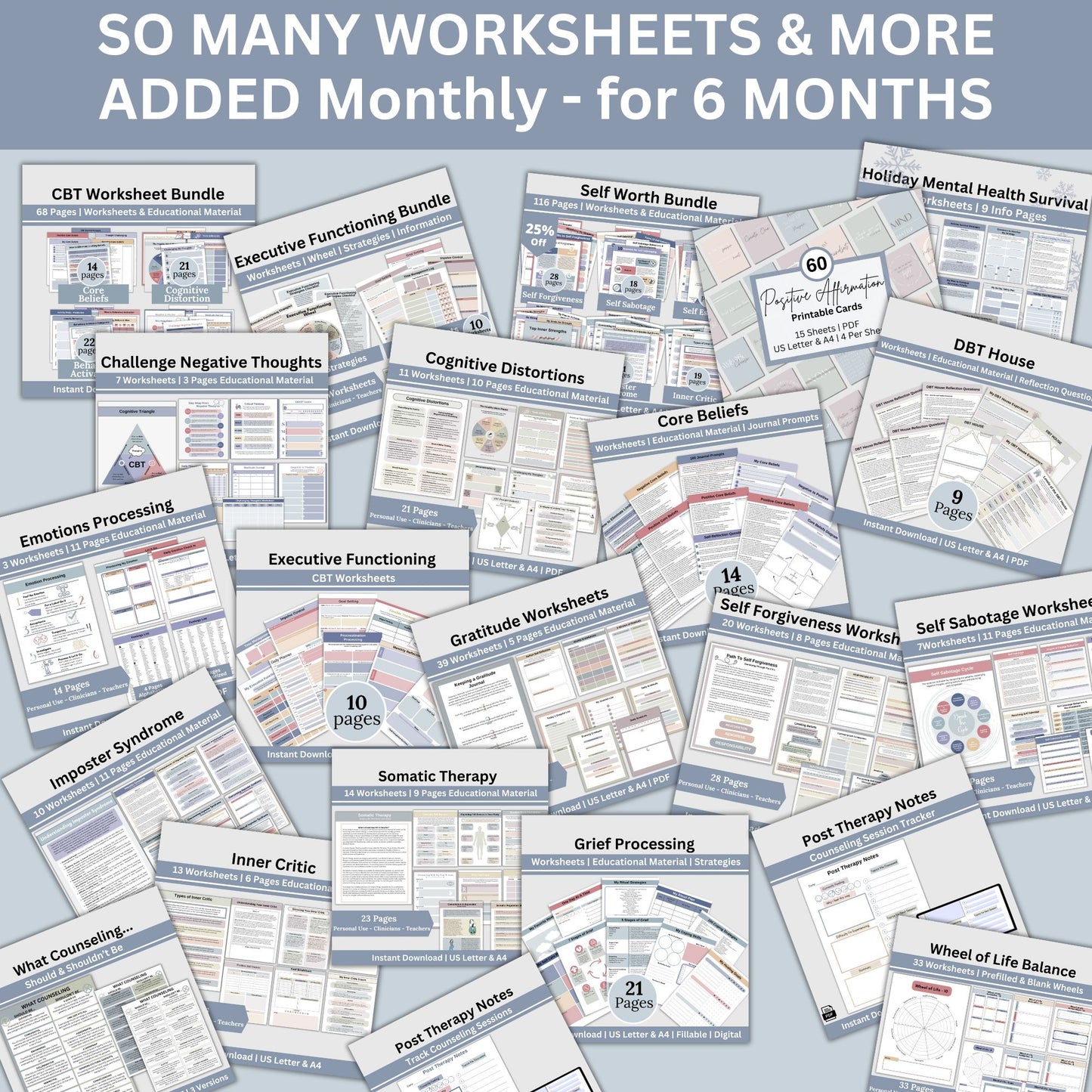 Therapy Worksheet Bundle – CBT, DBT, Anxiety, Emotion Processing & More | 6-Month Subscription to New Monthly Resources for Mental Health