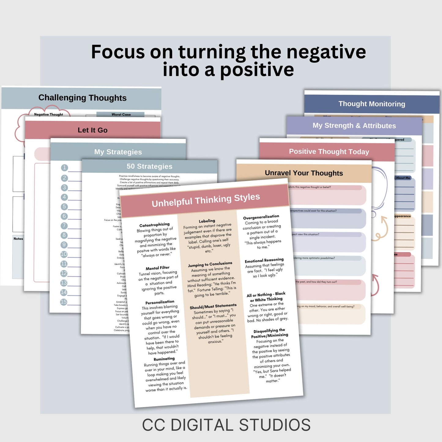 CBT Therapy Worksheets Challenge Negative Thoughts, Cognitive Distortions Thought Journal, Mental Health Workbook