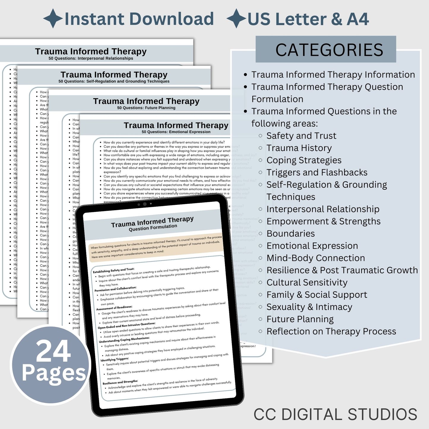 Trauma informed therapy questions, cheat sheet for therapist office. This set of 750 probing and empathetic questions is thoughtfully crafted to foster a safe and supportive environment for your clients on their healing journey.