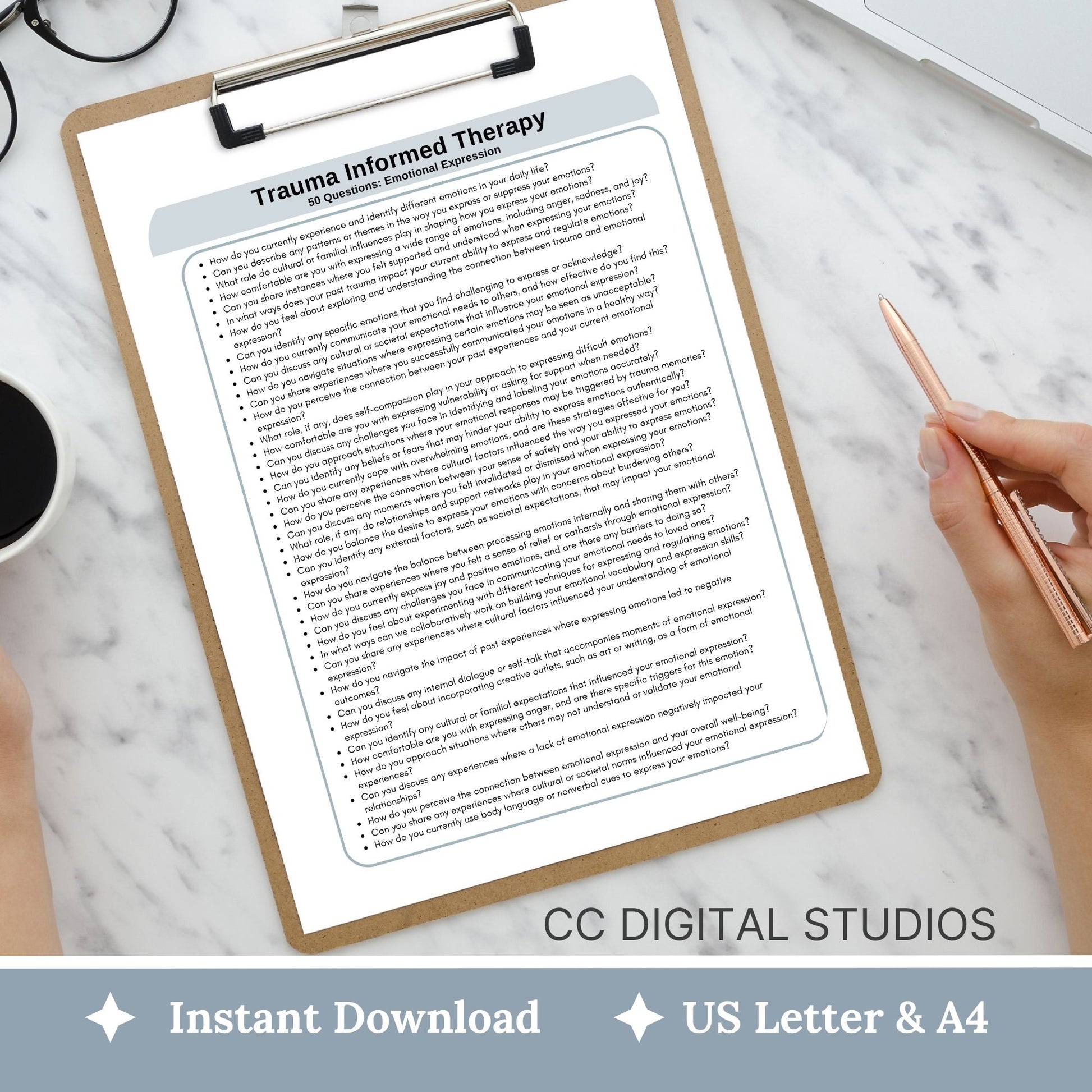 Trauma informed therapy questions, cheat sheet for therapist office. This set of 750 probing and empathetic questions is thoughtfully crafted to foster a safe and supportive environment for your clients on their healing journey.