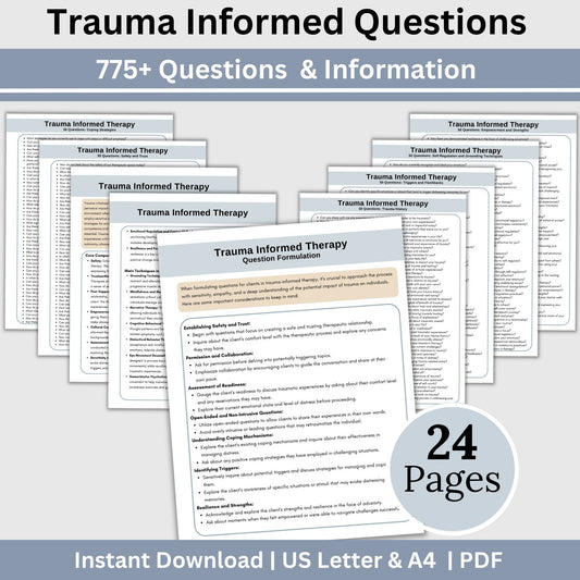 Trauma informed therapy questions, cheat sheet for therapist office. This set of 750 probing and empathetic questions is thoughtfully crafted to foster a safe and supportive environment for your clients on their healing journey.