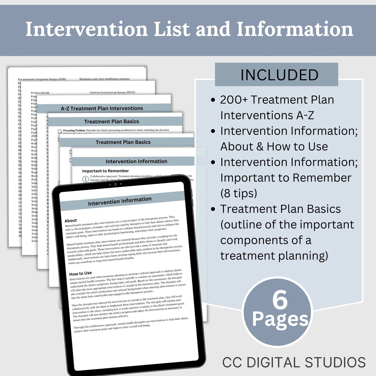 Therapy intervention list for treatment planning and information on how to use mental health interventions to make a personalized treatment plan. This cheat sheet, therapy tool provides 200+ interventions A-Z for treatment planning.