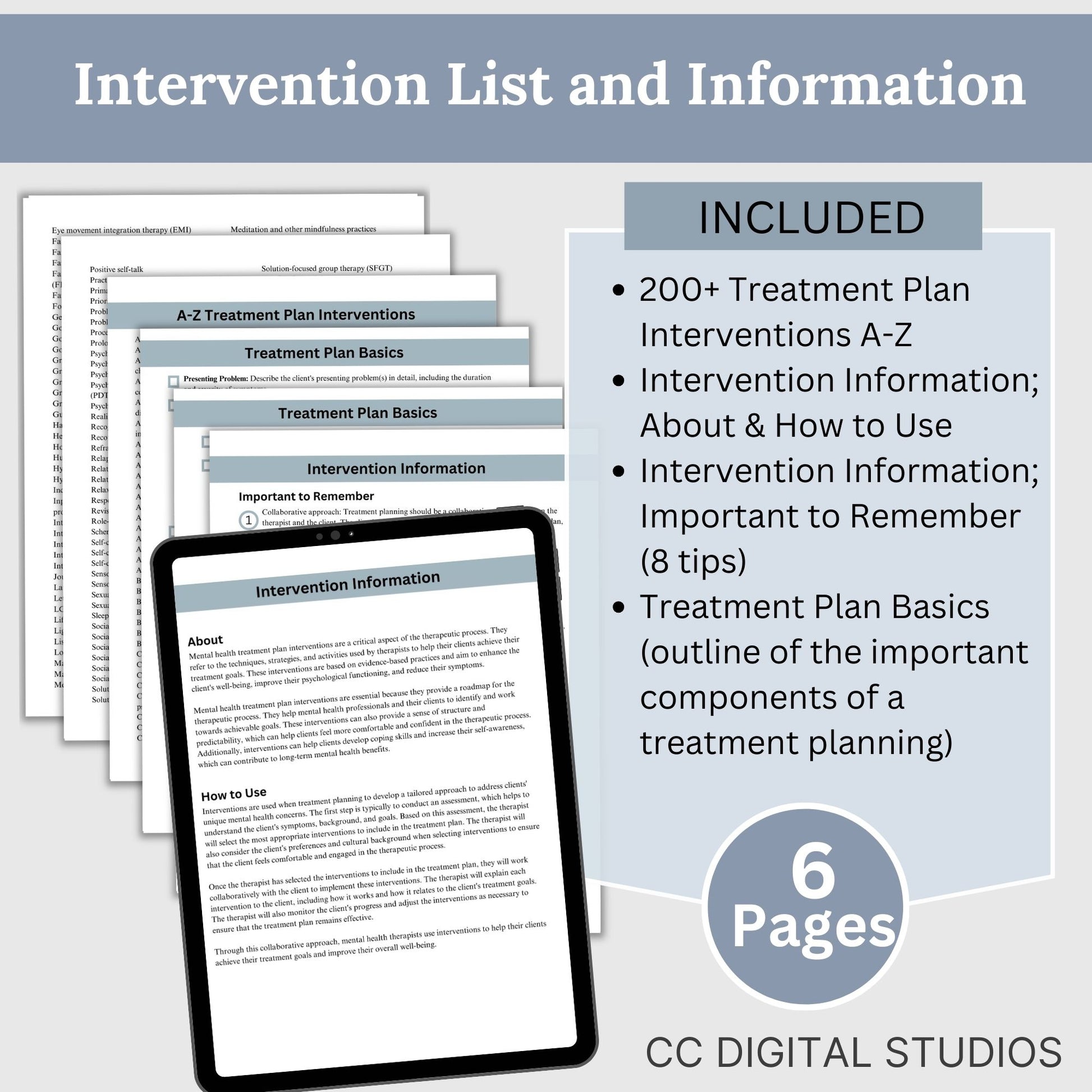 Therapy intervention list for treatment planning and information on how to use mental health interventions to make a personalized treatment plan. This cheat sheet, therapy tool provides 200+ interventions A-Z for treatment planning.