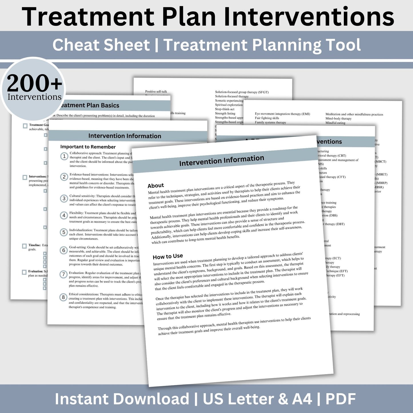 Therapy intervention list for treatment planning and information on how to use mental health interventions to make a personalized treatment plan. This cheat sheet, therapy tool provides 200+ interventions A-Z for treatment planning.