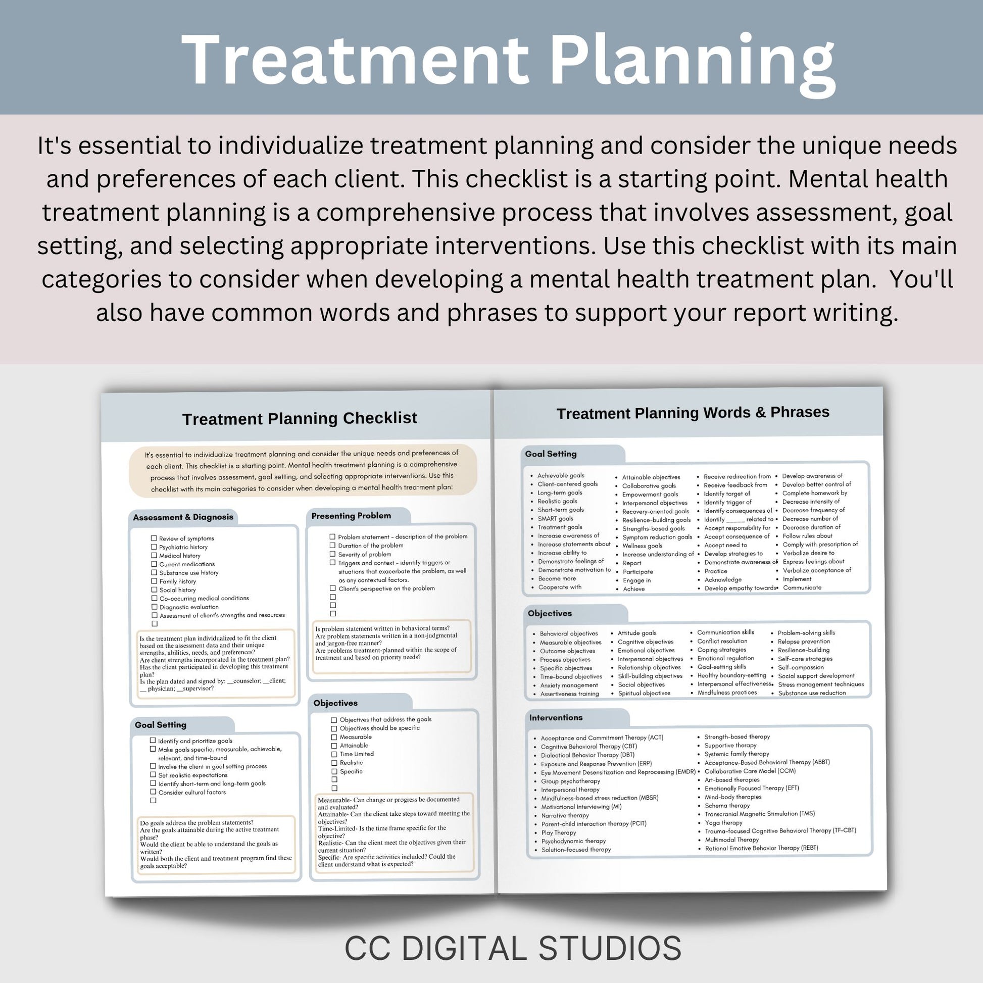 A valuable cheat sheet designed to streamline your workflow. Whether you're a therapist, counselor, or engaged in the behavioral health field, this Treatment Planning Checklist is an ideal therapy tool for maintaining a clear and organized approach to your therapy notes and counselor documentation in private practice