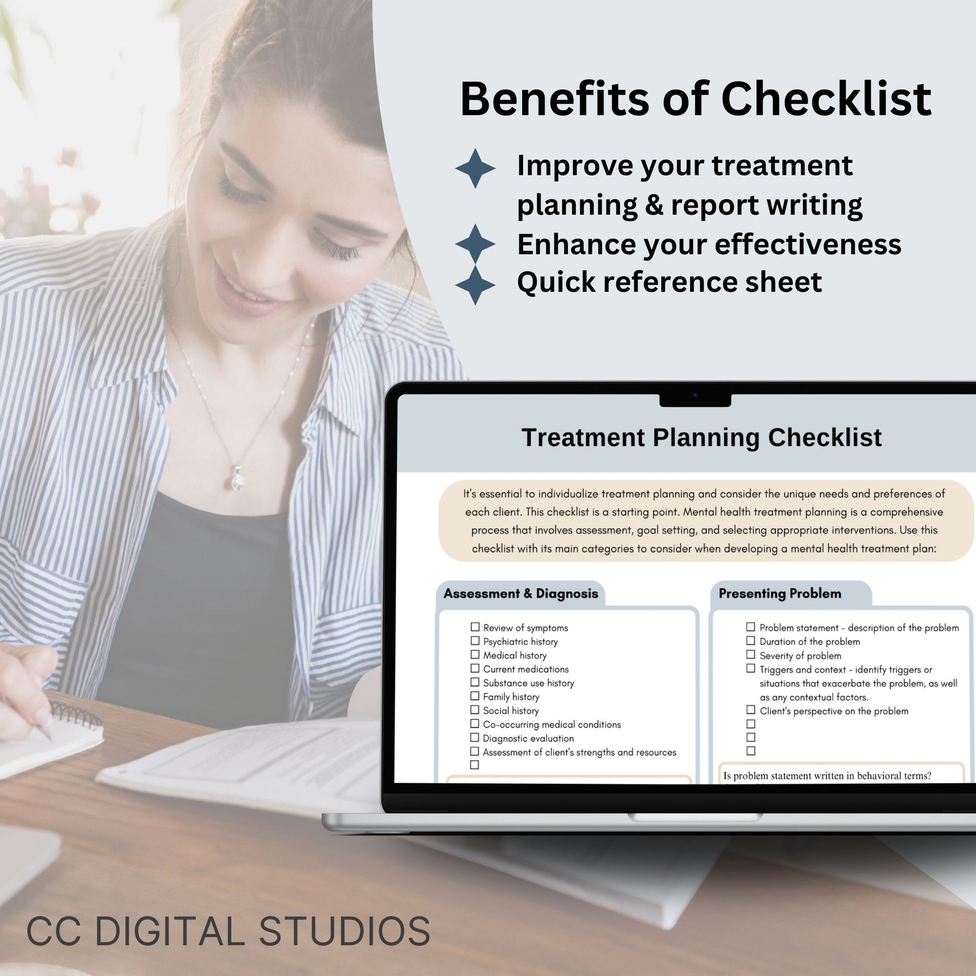 A valuable cheat sheet designed to streamline your workflow. Whether you're a therapist, counselor, or engaged in the behavioral health field, this Treatment Planning Checklist is an ideal therapy tool for maintaining a clear and organized approach to your therapy notes and counselor documentation in private practice