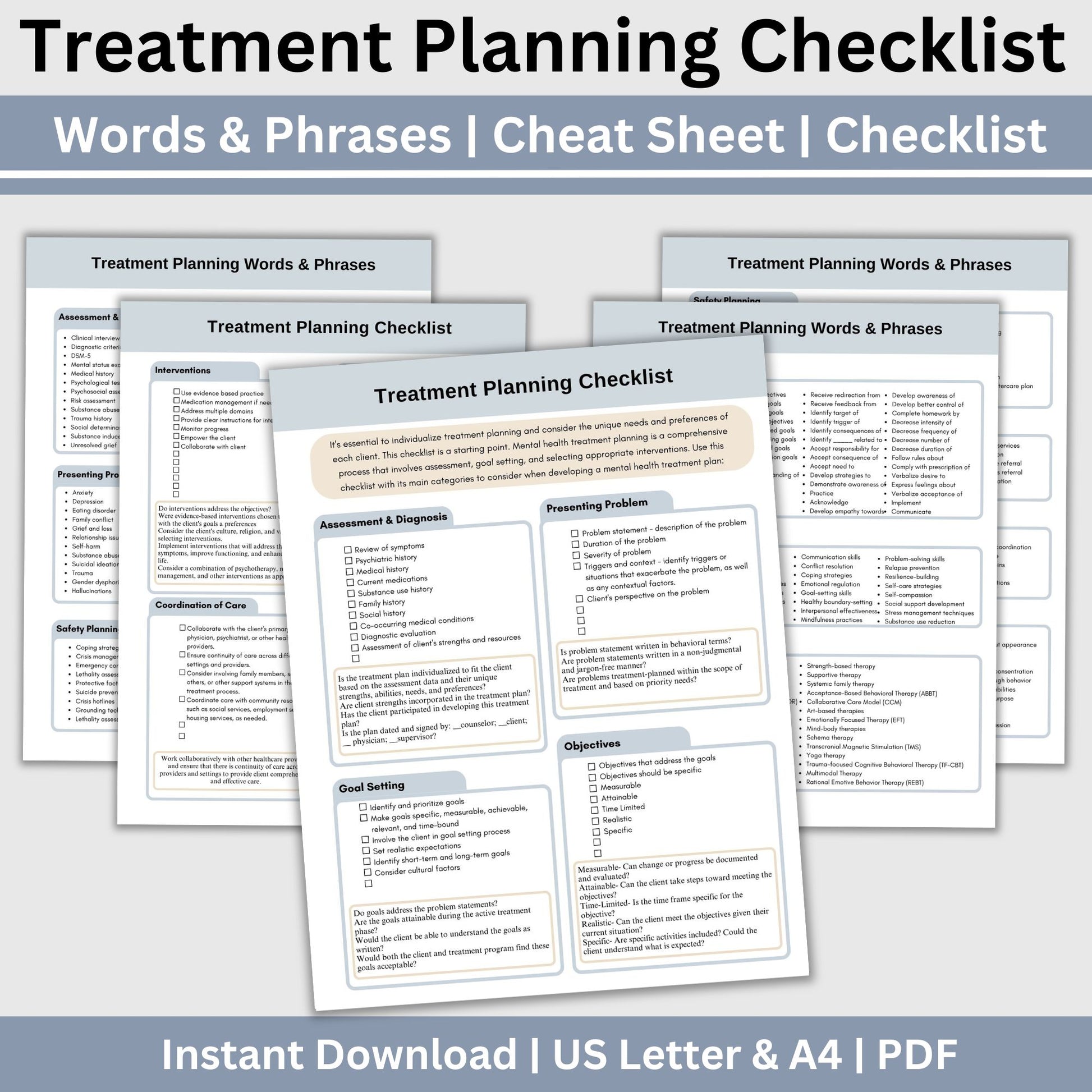 A valuable cheat sheet designed to streamline your workflow. Whether you're a therapist, counselor, or engaged in the behavioral health field, this Treatment Planning Checklist is an ideal therapy tool for maintaining a clear and organized approach to your therapy notes and counselor documentation in private practice