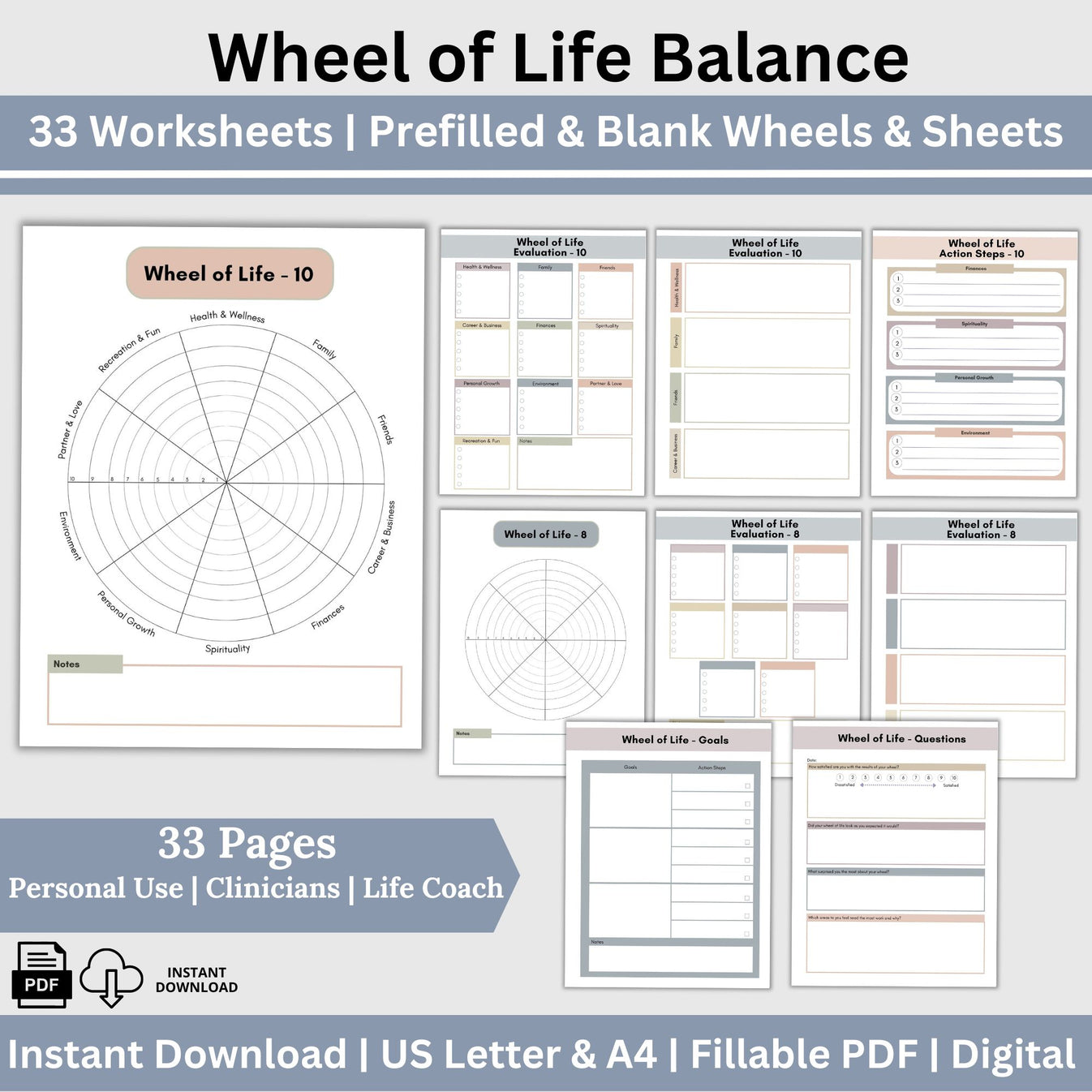 Wheel of Life Balance Therapy Worksheets: Self-Reflection and Growth T ...