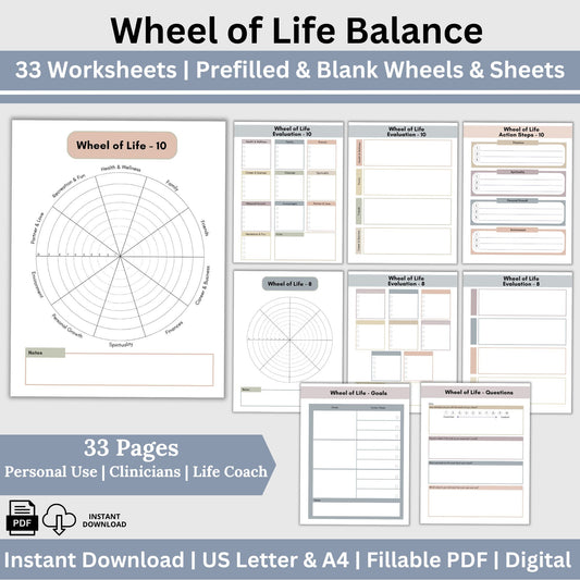 Wheel of Life Balance therapy worksheets, perfect for life coaches, therapists, school counselors and anyone seeking self-improvement. This set includes both pre-filled and blank wheels, alongside supportive worksheets for in-depth self-reflection.
