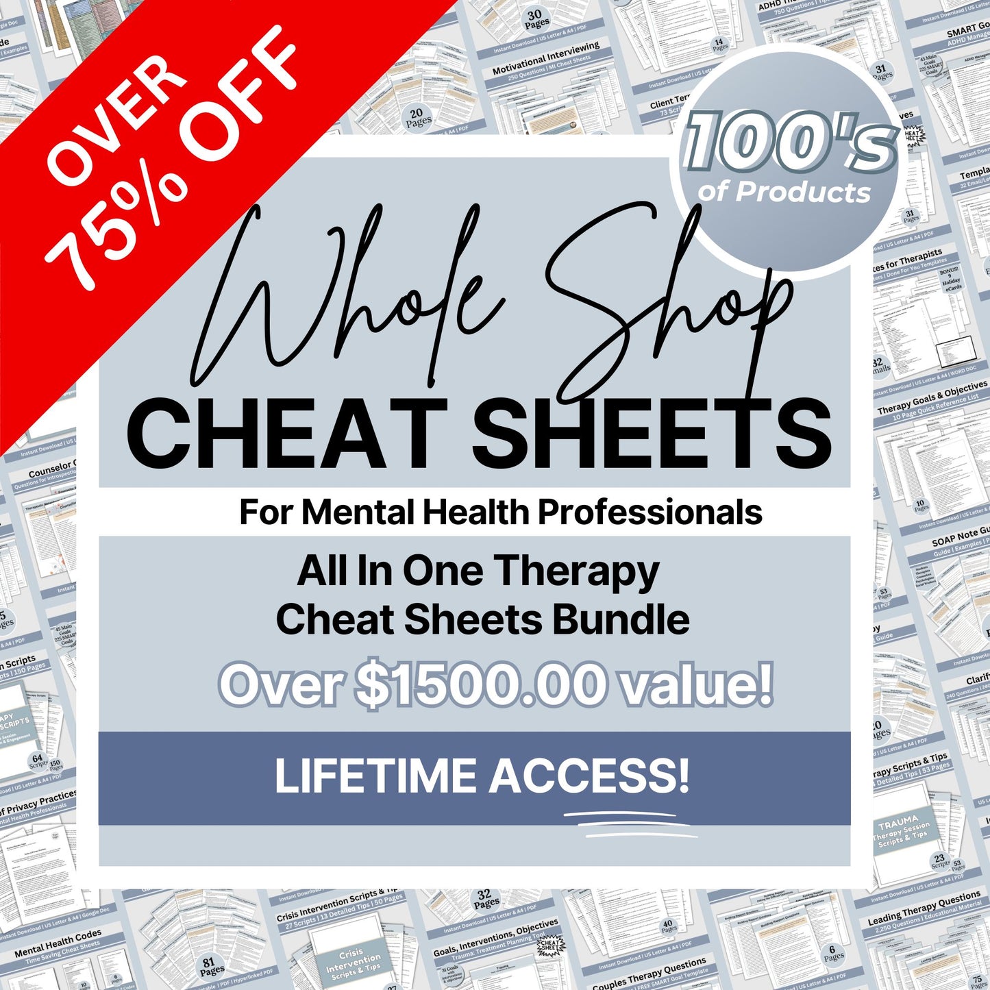 Whole Shop Bundle Therapy Cheat Sheets, Therapy Objectives and Goals, Therapy Questions, SMART Goals, Therapy Interventions, Guides